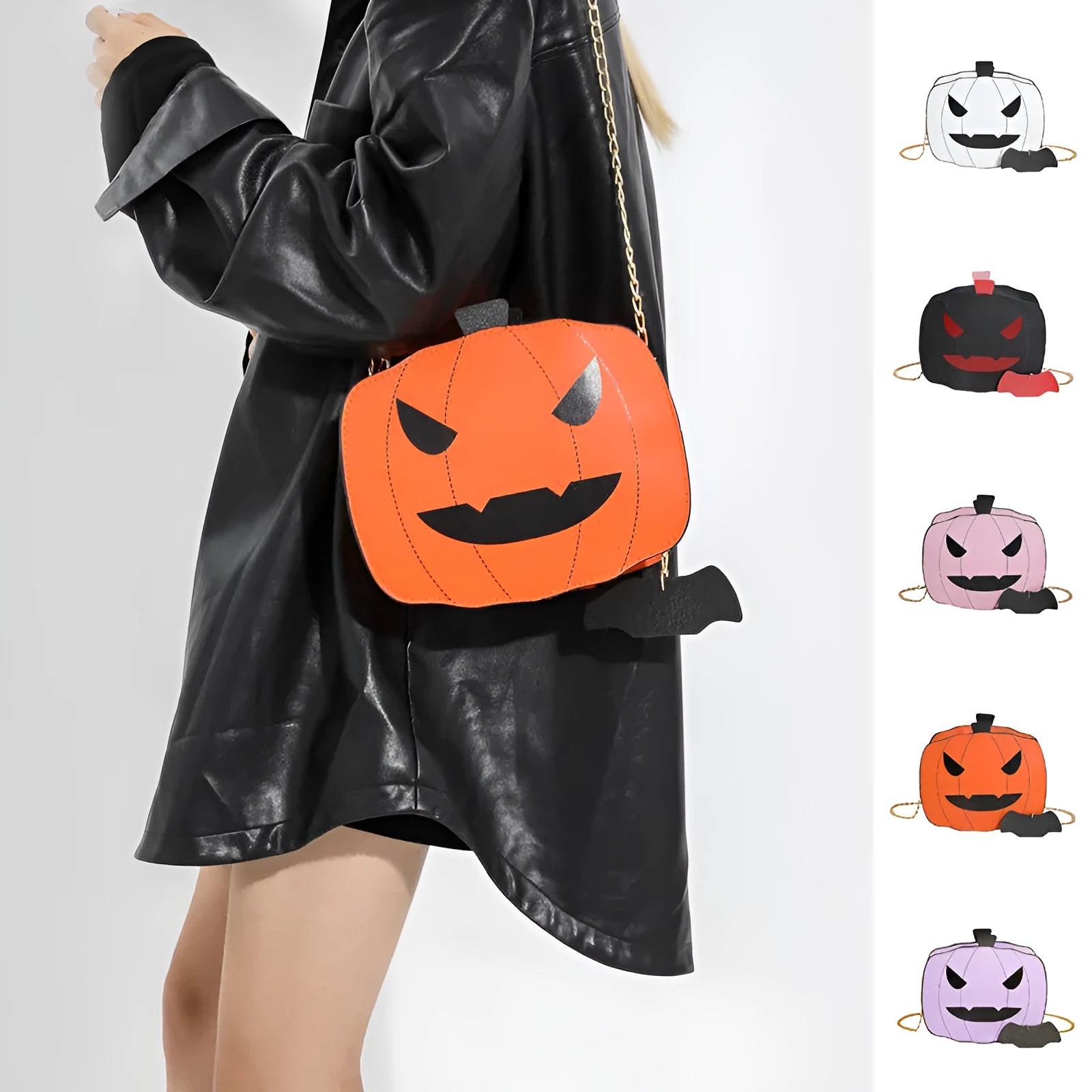 Halloween cartoon pumpkin shoulder bag for girls in colour options with chain crossbody strap on white background