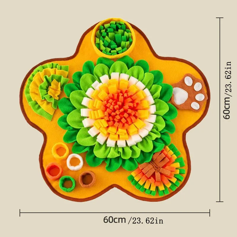 Sunflower design snuffle mat for dogs with hiding pockets and paw-shaped detail on a non-slip base