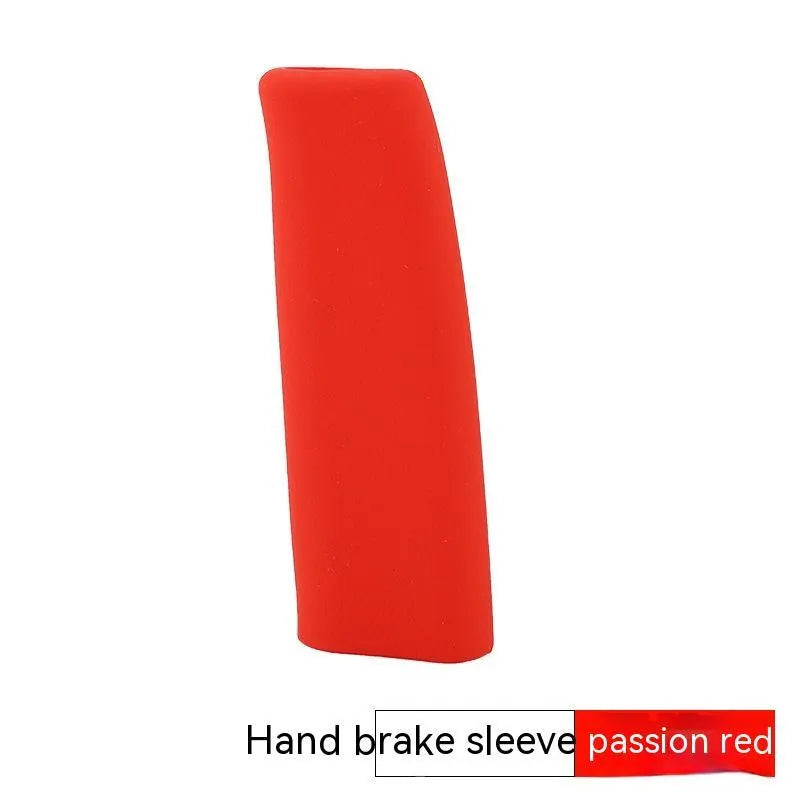 Silicone handbrake sleeve cover shown in different colours next to a car handbrake lever.