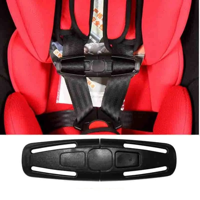 Black nylon seat belt buckle clip for child car seat 5-point harness measuring 14.5cm by 4cm