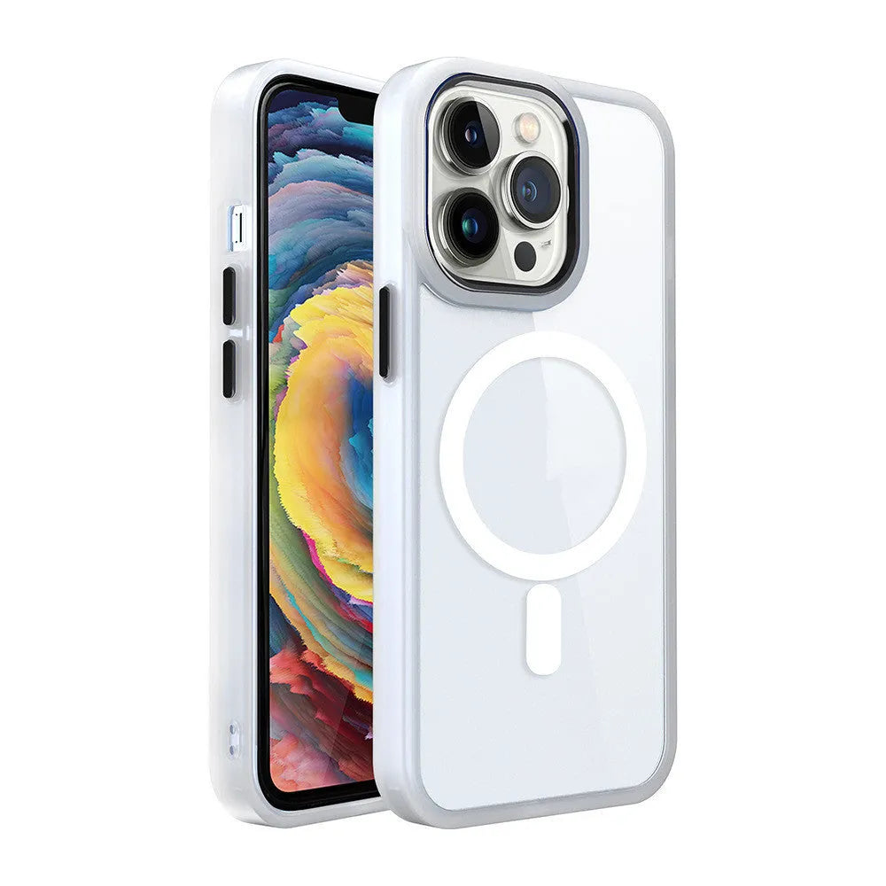 Slim magnetic transparent silicone phone case in plum red colour on an iPhone, showing raised edge for screen protection.