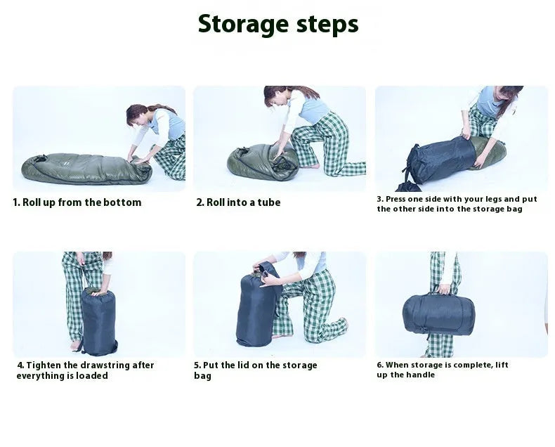 Ultralight mummy sleeping bag in army green colour with white duck down fill.