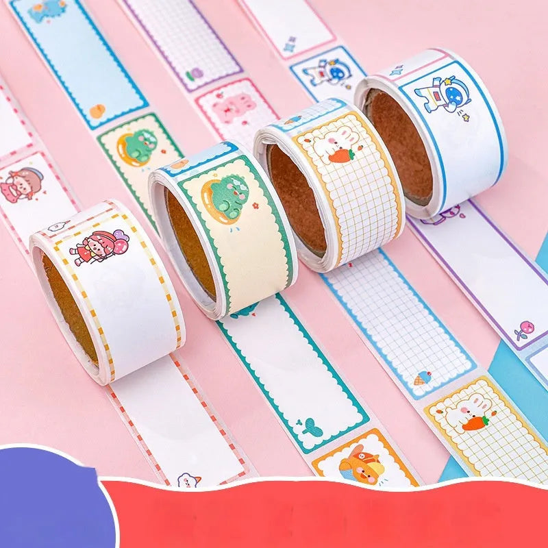 Roll of cartoon name tape stickers showing dinosaur, astronaut, rabbit, and girl design options