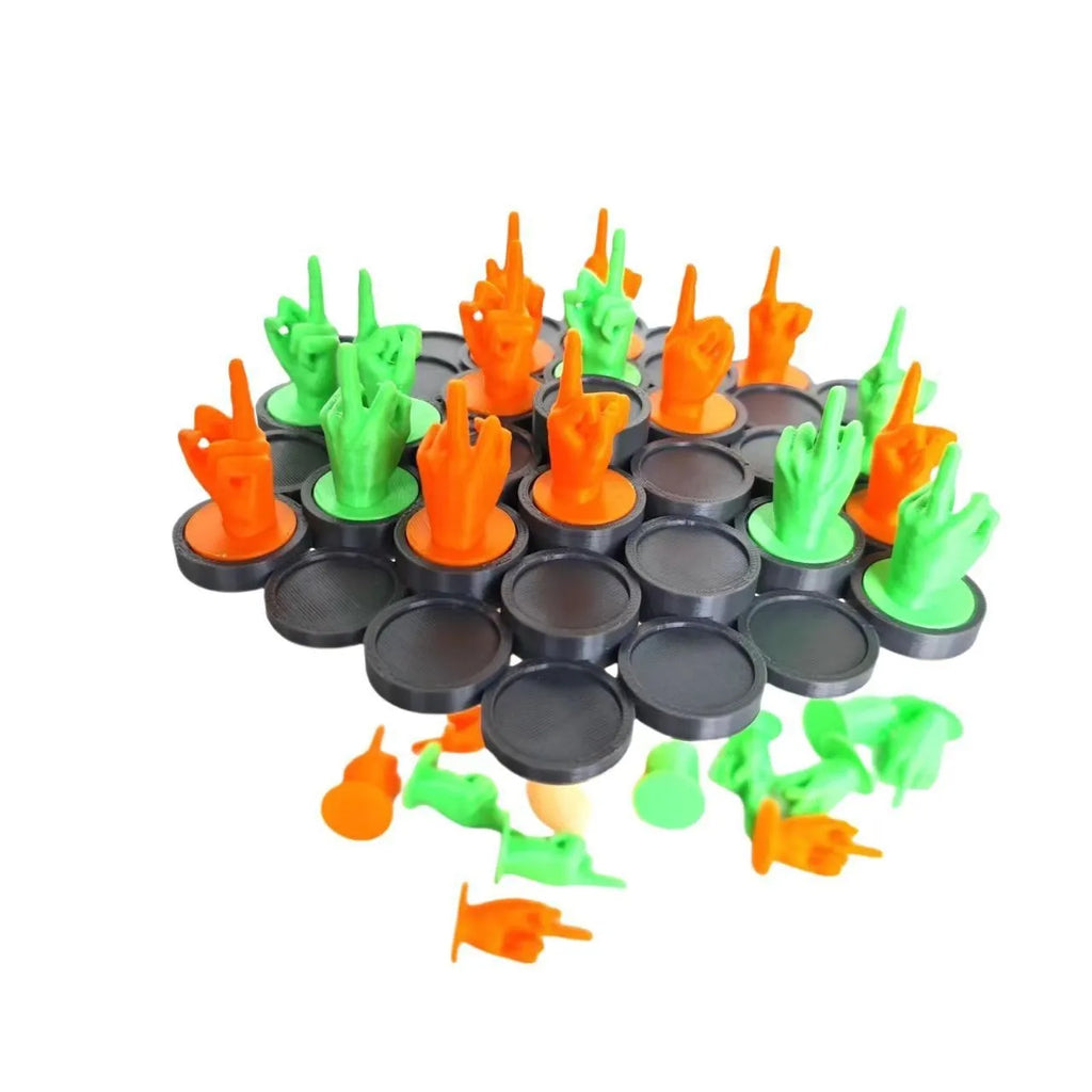 Middle Finger Balance Game with 28 PLA pieces in orange and green, arranged on a base for stacking play