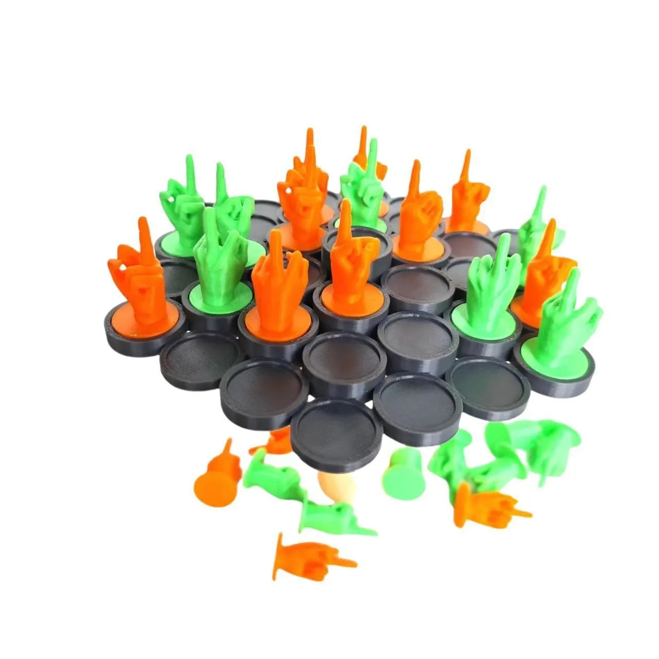 Middle Finger Balance Game with 28 PLA pieces in orange and green, arranged on a base for stacking play
