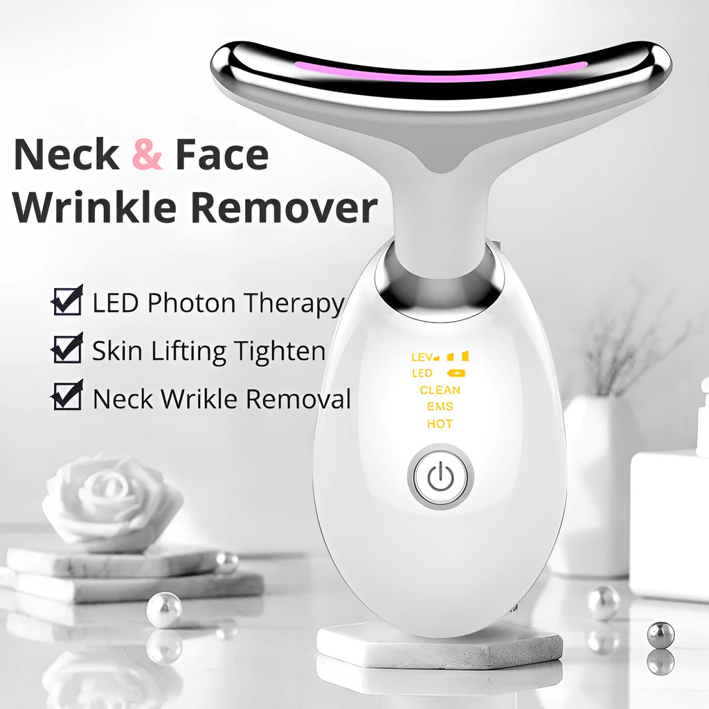 Black Silver EMS thermal neck lifting massager with LED lights on a white background.