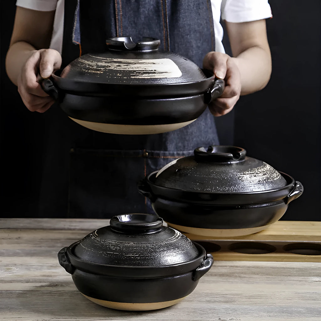 Ceramic stew pot with air-hole lid, single bottom, 8cm depth, for gas stove cooking in 2800ml, 1700ml or 900ml sizes