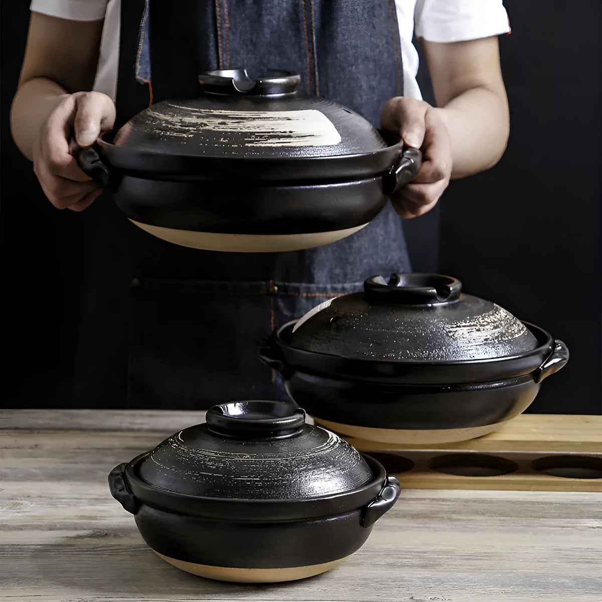 Ceramic stew pot with air-hole lid, single bottom, 8cm depth, for gas stove cooking in 2800ml, 1700ml or 900ml sizes