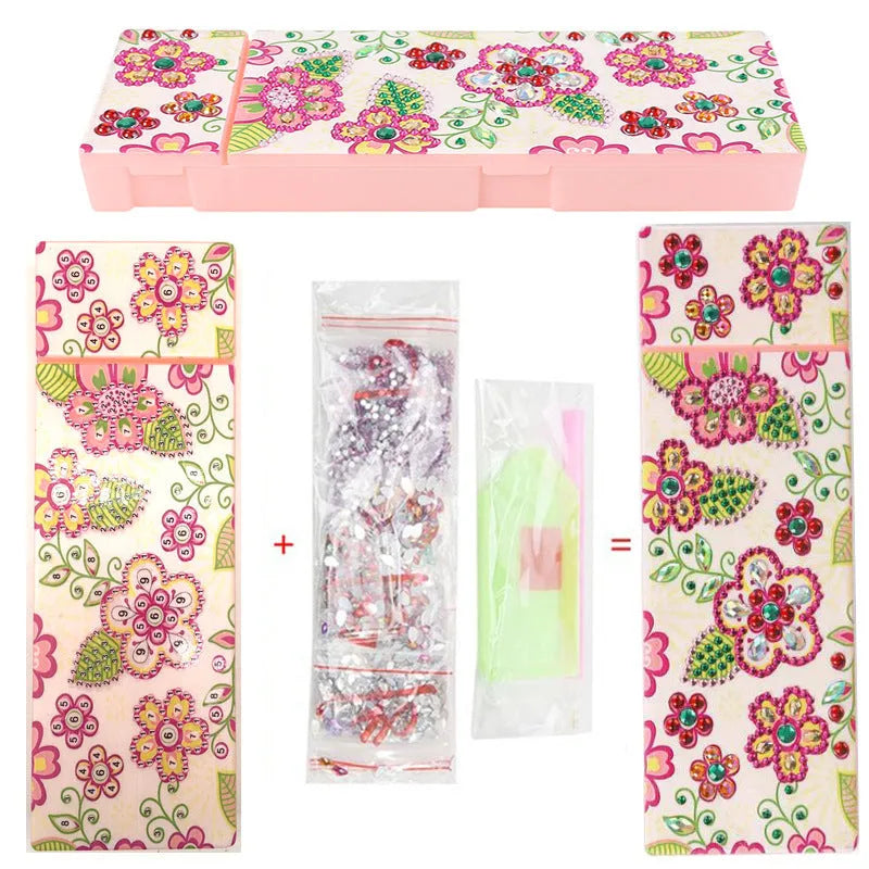 DIY diamond painting kit with PU leather wristlet pencil case, resin diamonds, and crafting tools laid out.