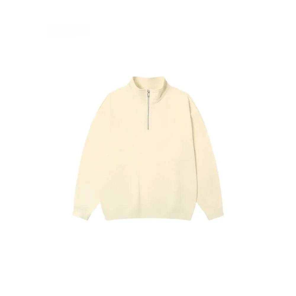 Grey half zip stand collar cotton sweater on a hanger