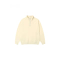 Grey half zip stand collar cotton sweater on a hanger
