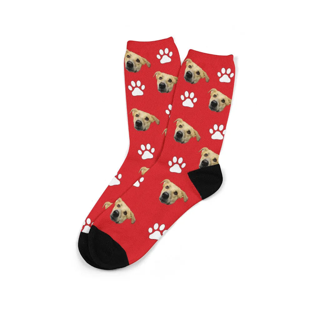 Custom printed mid-calf socks with personalised photo design in blue colour, medium thickness polyester fabric