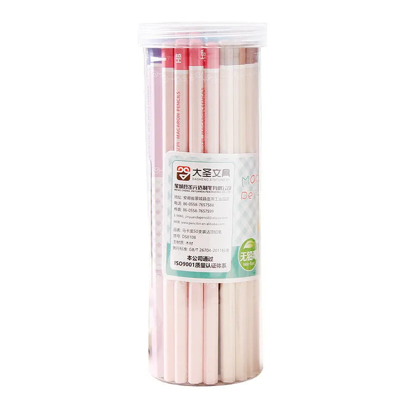 Barrel of 50 natural basswood pencils with six-angle design and HB graphite refills.