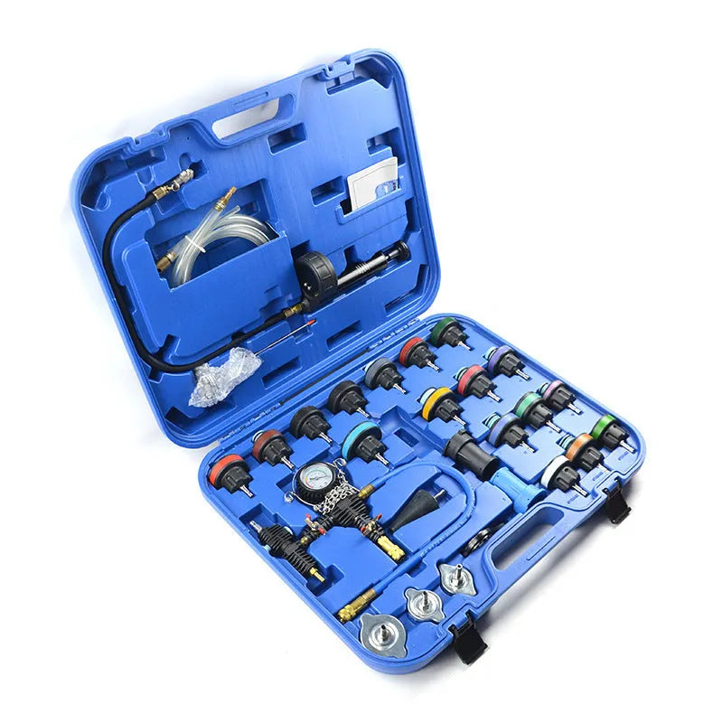 28-piece blue automotive radiator pressure testing kit with vacuum purge and refill tools