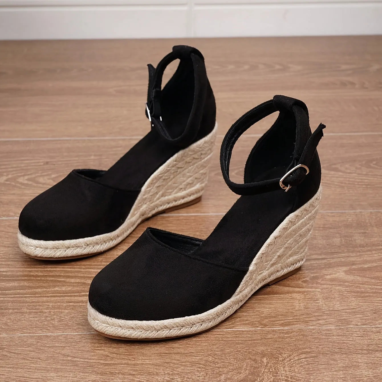 Women's apricot suede wedge sandals with buckle fastening and rubber sole