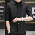 Men's slim-fit half-sleeve shirt in linen and silk blend, shown in grass green colour with non-ironing finish.