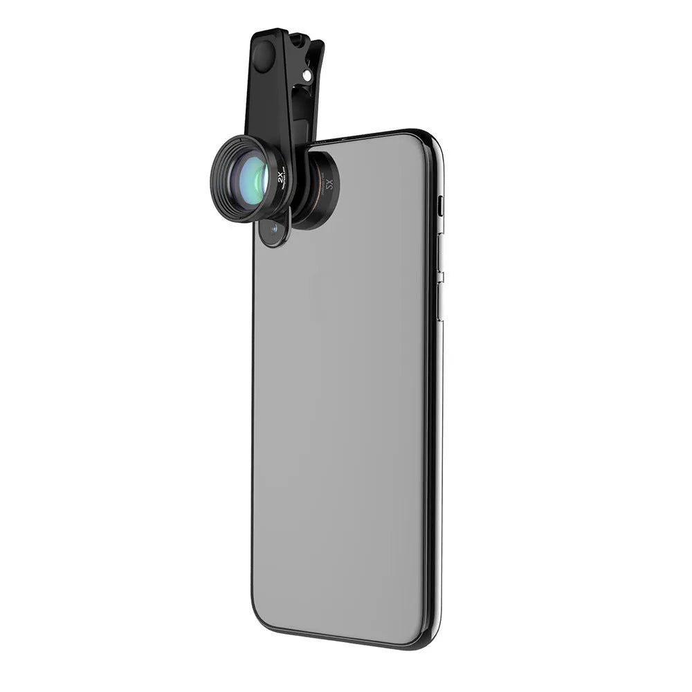 Black 6-in-1 smartphone camera lens kit with fisheye, macro, wide-angle, telephoto, CPL and star filters, case, and universal clip.