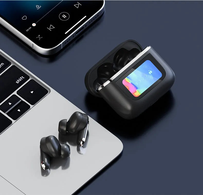 Black in-ear Bluetooth headset with touch screen interface and active noise cancellation