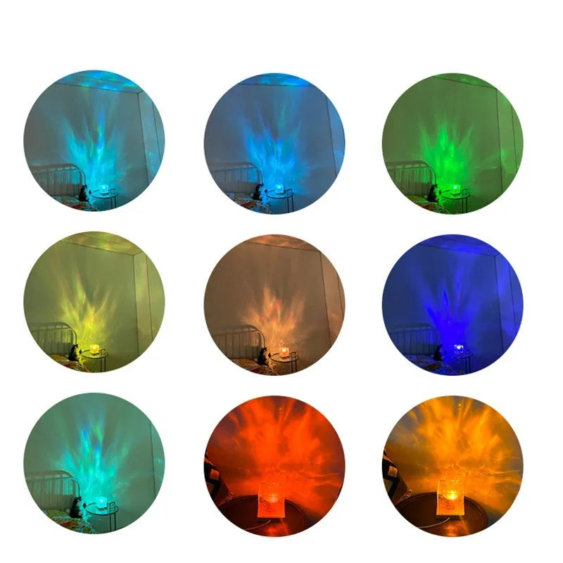 LED crystal table lamp projecting blue water ripple light effect on wall.