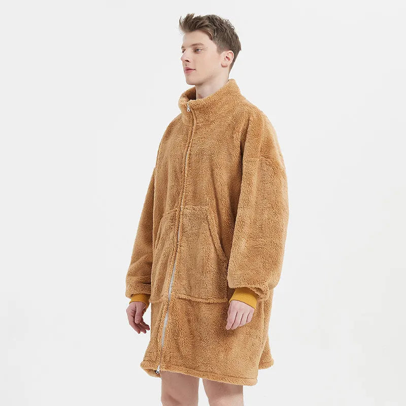 Men's camel polar fleece zipper cardigan nightgown with round neck on a hanger