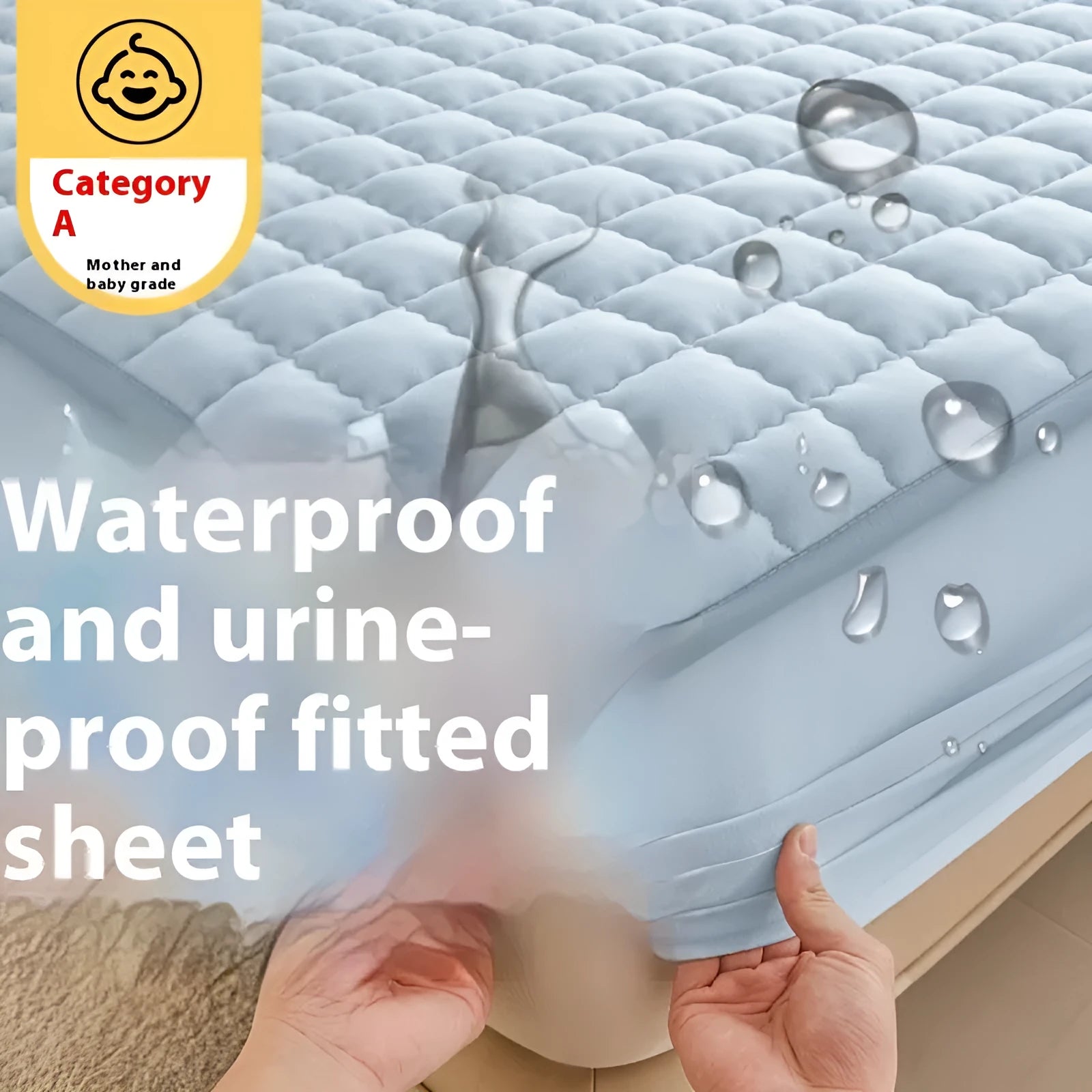 Washed cotton waterproof fitted sheet for beds in blue, shown on a mattress