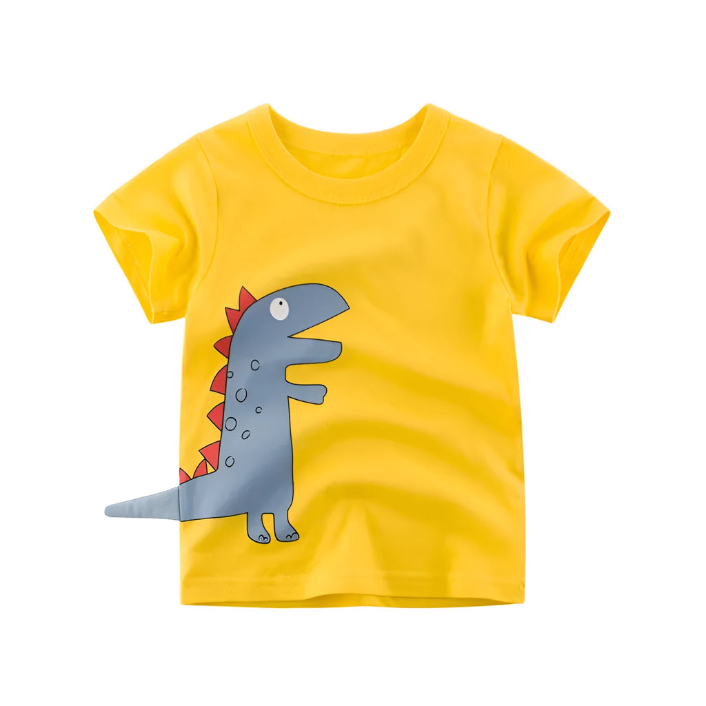Blue dinosaur kids T-shirt with cartoon print on soft cotton fabric for children aged 3-8 years