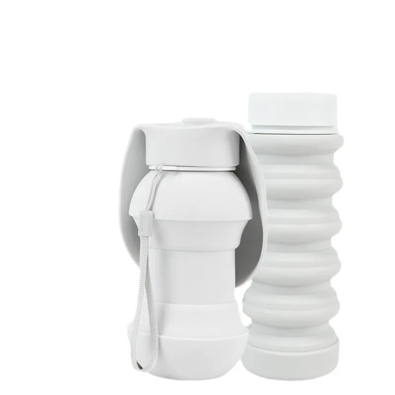Folding silicone pet drinking cup shown collapsed and expanded for portable outdoor use
