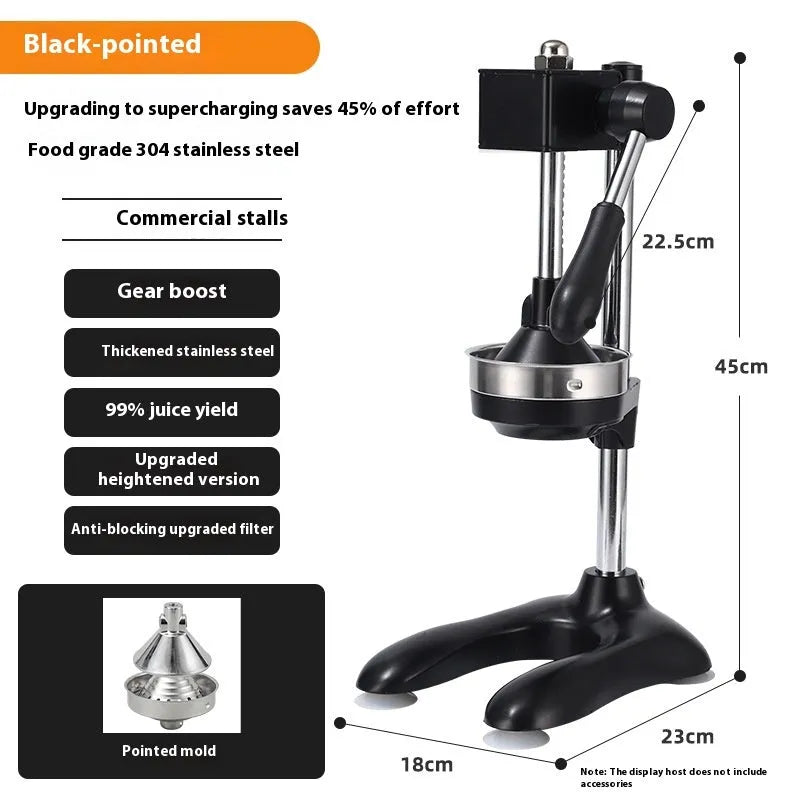 Stainless steel manual vertical juicer shown in multiple colour and tip style options.
