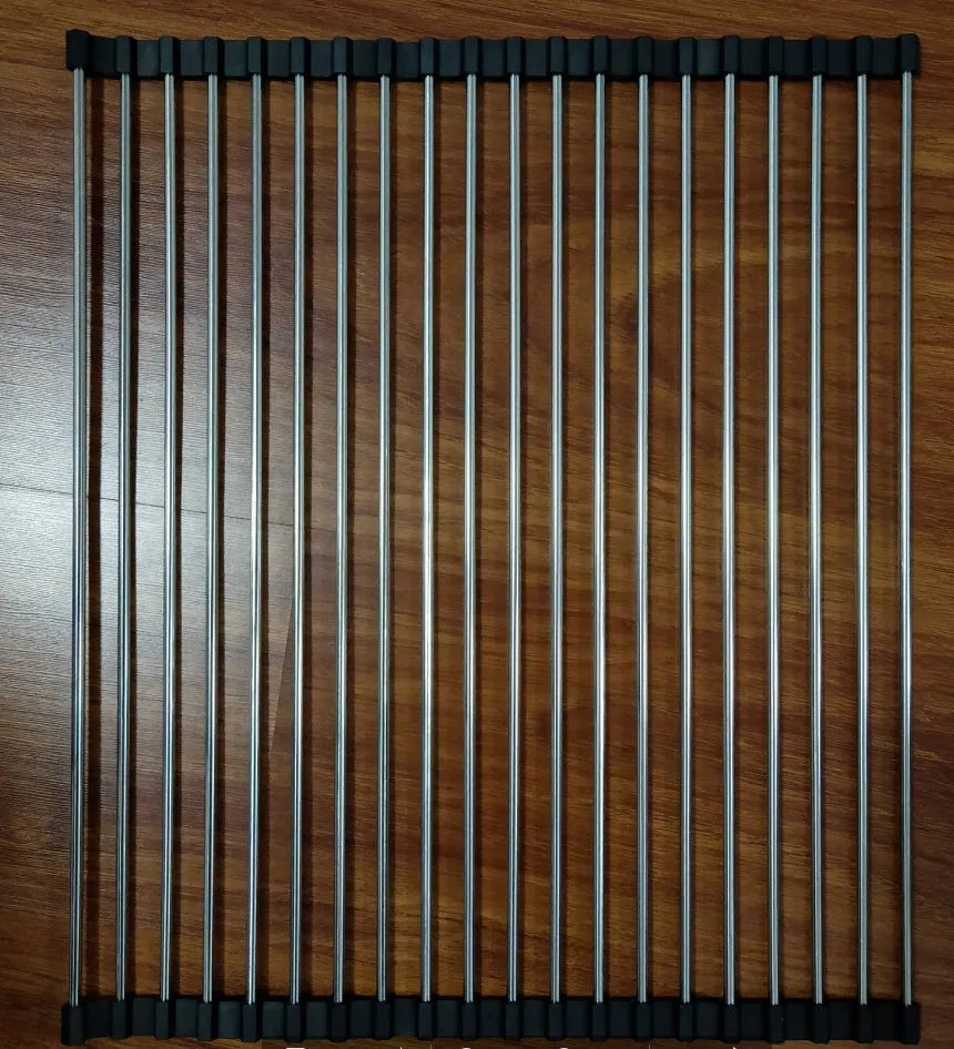 Folding stainless steel kitchen sink drying rack in red colour, shown extended for use.