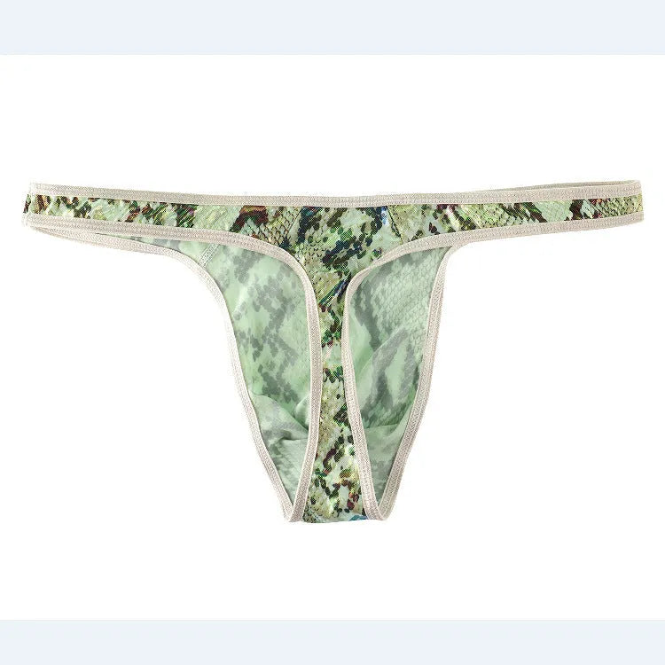 Men's camouflage snake print thong underwear in green colour showing low-waist T-back design