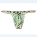 Men's camouflage snake print thong underwear in green colour showing low-waist T-back design