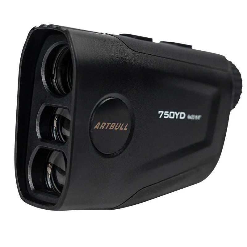 Golf laser rangefinder showing LCD display with distance measurement and slope compensation indicator