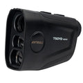 Golf laser rangefinder showing LCD display with distance measurement and slope compensation indicator