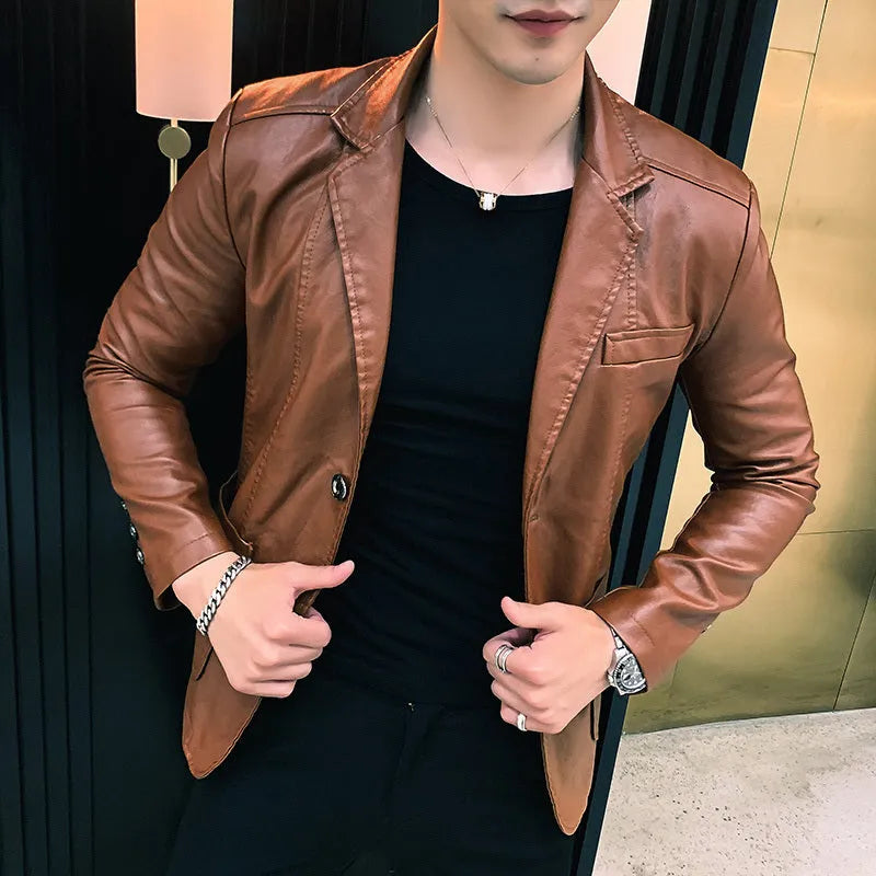 Fashion casual men's suit leather jacket in black with colour block design, shirt collar, double-breasted front, and patch pockets