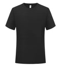 Men's loose fit solid colour polyester sports t-shirt on a hanger, showing short sleeves and casual cut.
