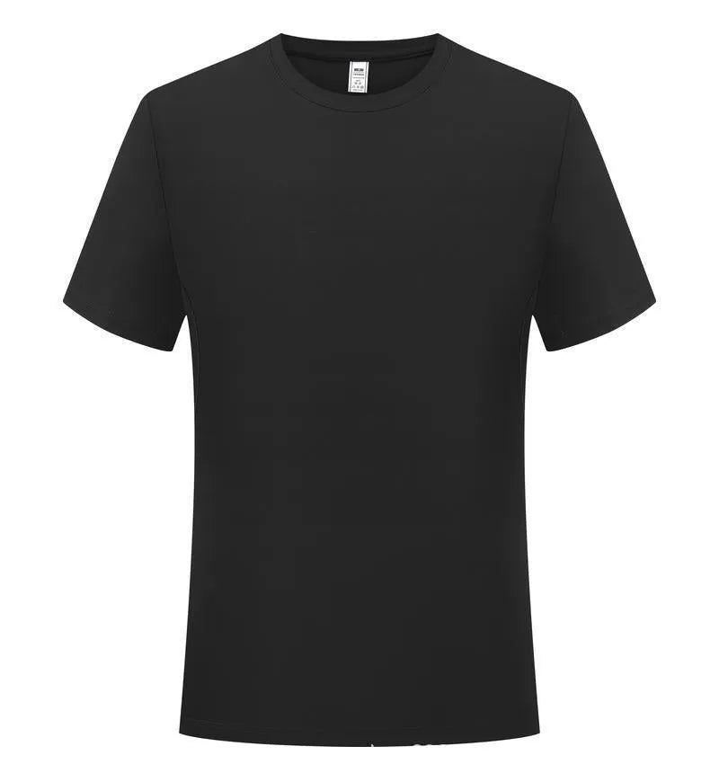 Men's loose fit solid colour polyester sports t-shirt on a hanger, showing short sleeves and casual cut.