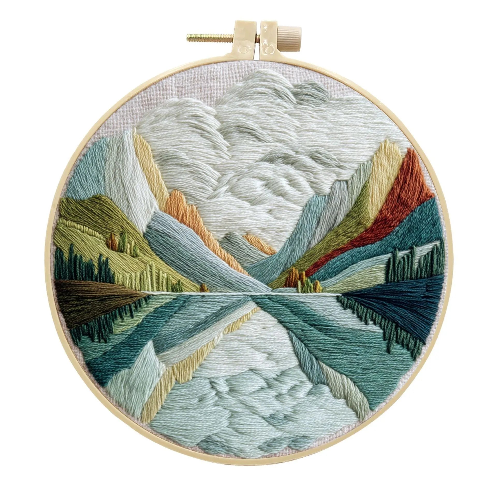 Embroidery DIY kit with 15cm bamboo frame, cotton linen fabric, and landscape design for handmade cloth art