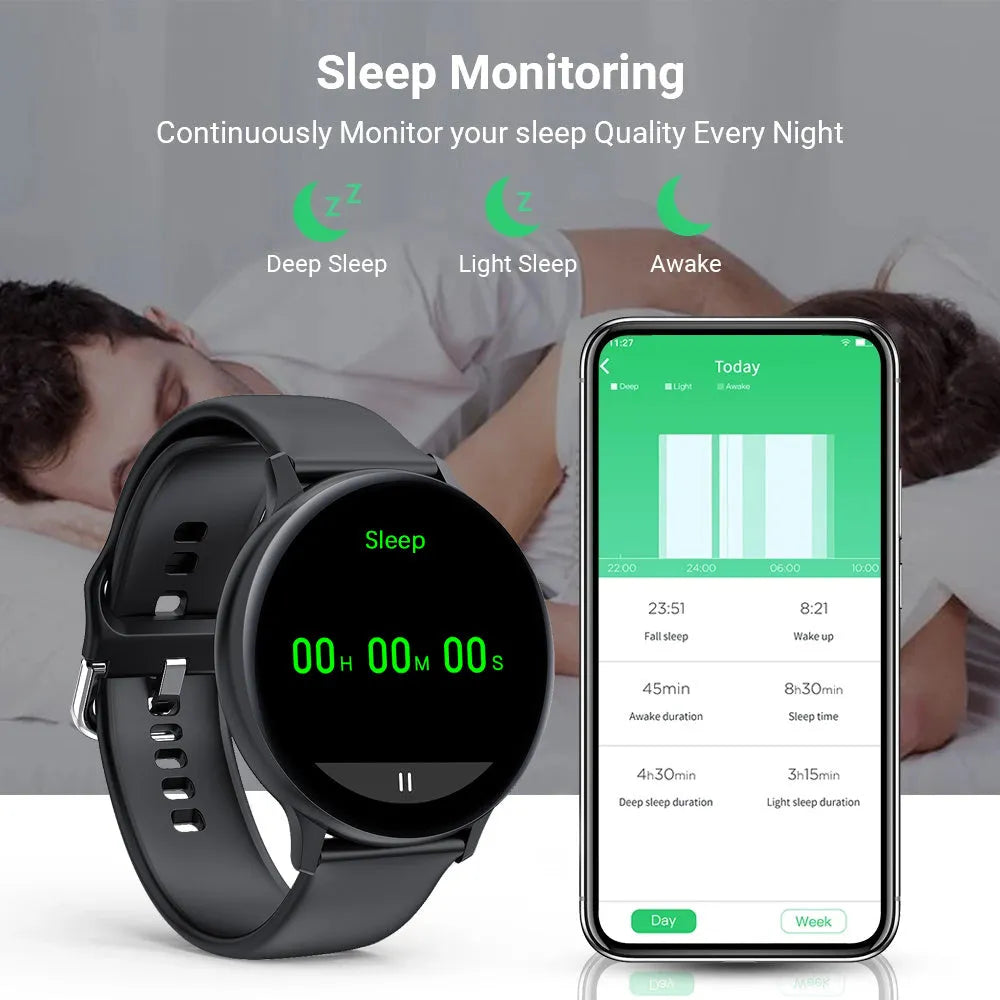 Smart bracelet with touch screen on a wrist, showing heart rate and call functions, available in black, blue, and red.