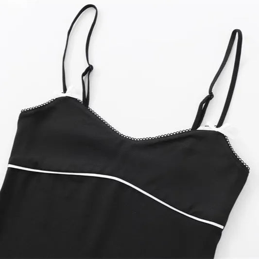 Women's black slim-fit halter spaghetti straps knitted vest with geometric pattern on model
