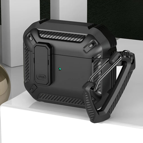 AirPods protective clamshell case in two-colour plastic with hook accessory