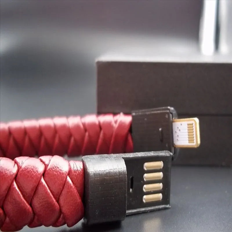 Leather woven data cable bracelet with USB Micro USB 8PIN, 22cm 24cm, black dark blue coffee gold red white