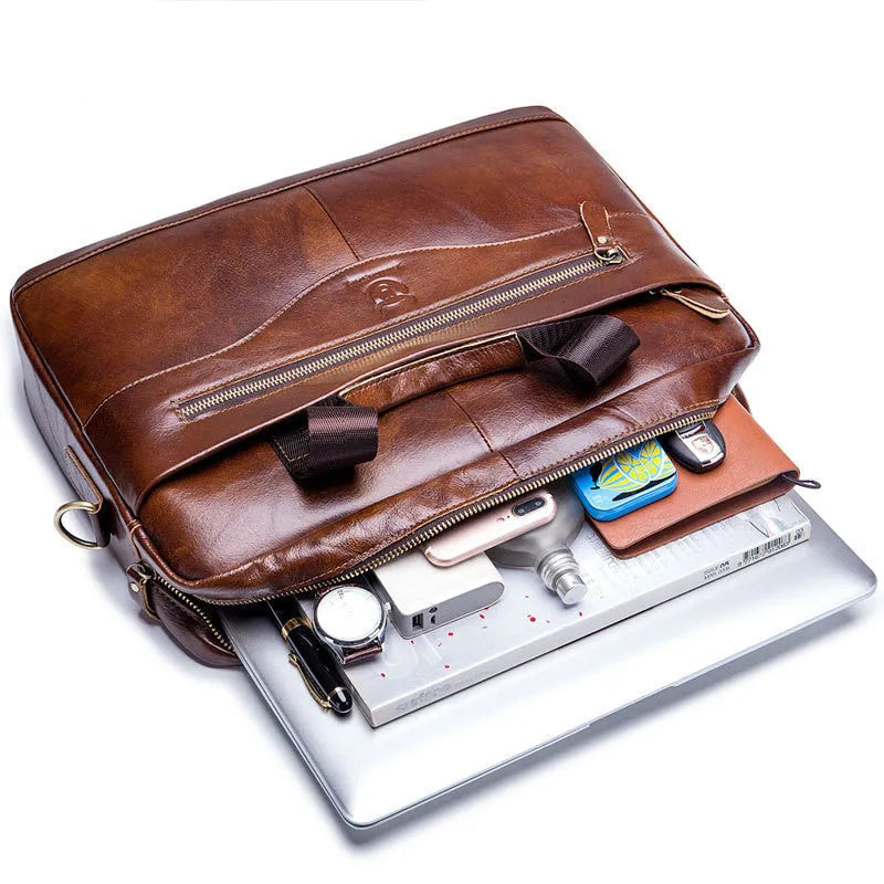 Bullcaptain 044 brown top grain cowhide leather briefcase with computer pocket, 44cm wide, on a plain background
