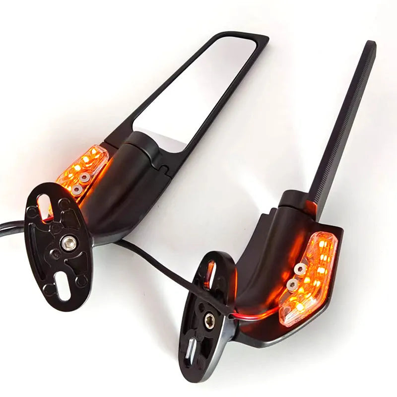 Pair of yellow SH-620-5 aluminium alloy motorcycle mirror spoilers with convex glass and integrated running lights