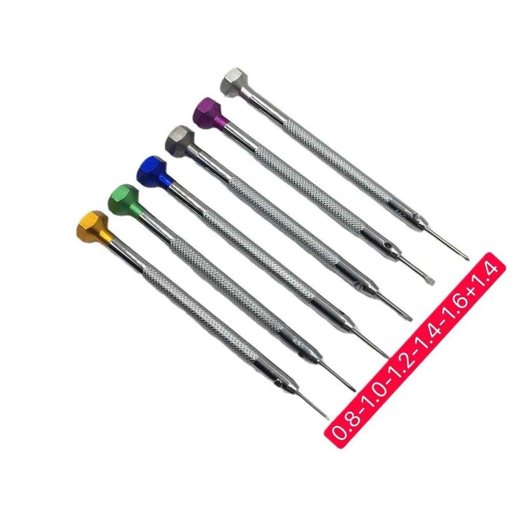 Set of six colour-coded watch repair screwdrivers with aluminium handles and a separate metre tool.