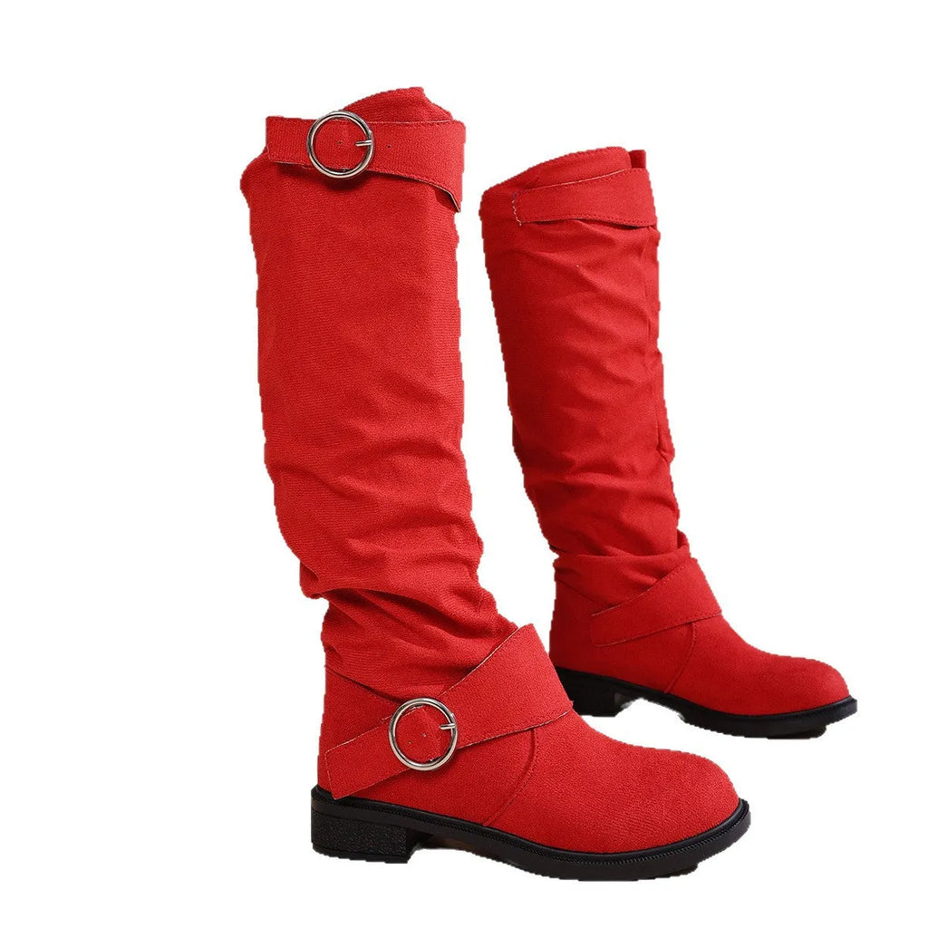 Women's pleated flat-bottom western cowboy boots with belt buckle, suede upper, mid block heel, slip-on round toe, black colour