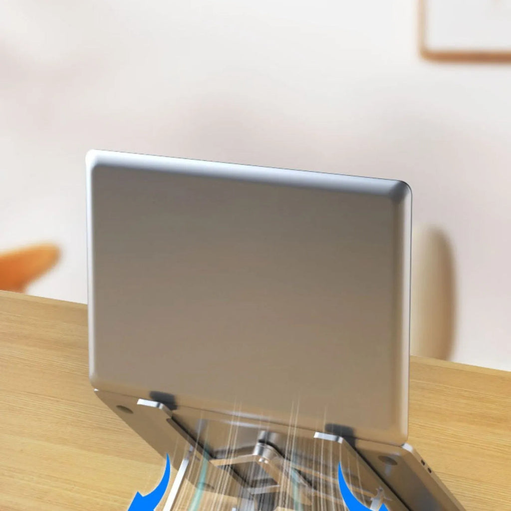 Collapsible aluminium alloy laptop cooling rack folded flat in silver color, 266mm long, with style A1 design