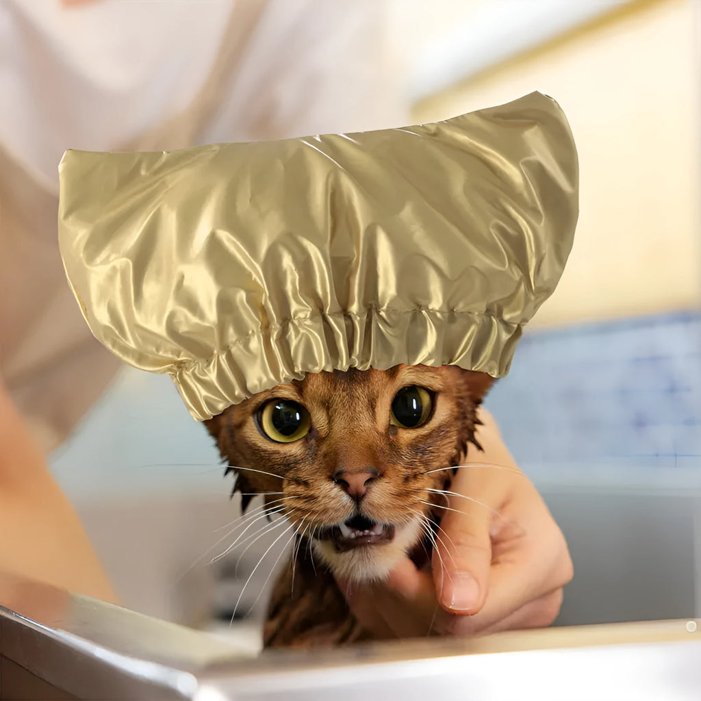 Adjustable waterproof shower cap for pet ear protection in silver, pink, and gold colours