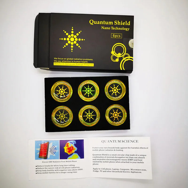 Six anti-radiation mobile phone stickers in gold and silver metallic finishes
