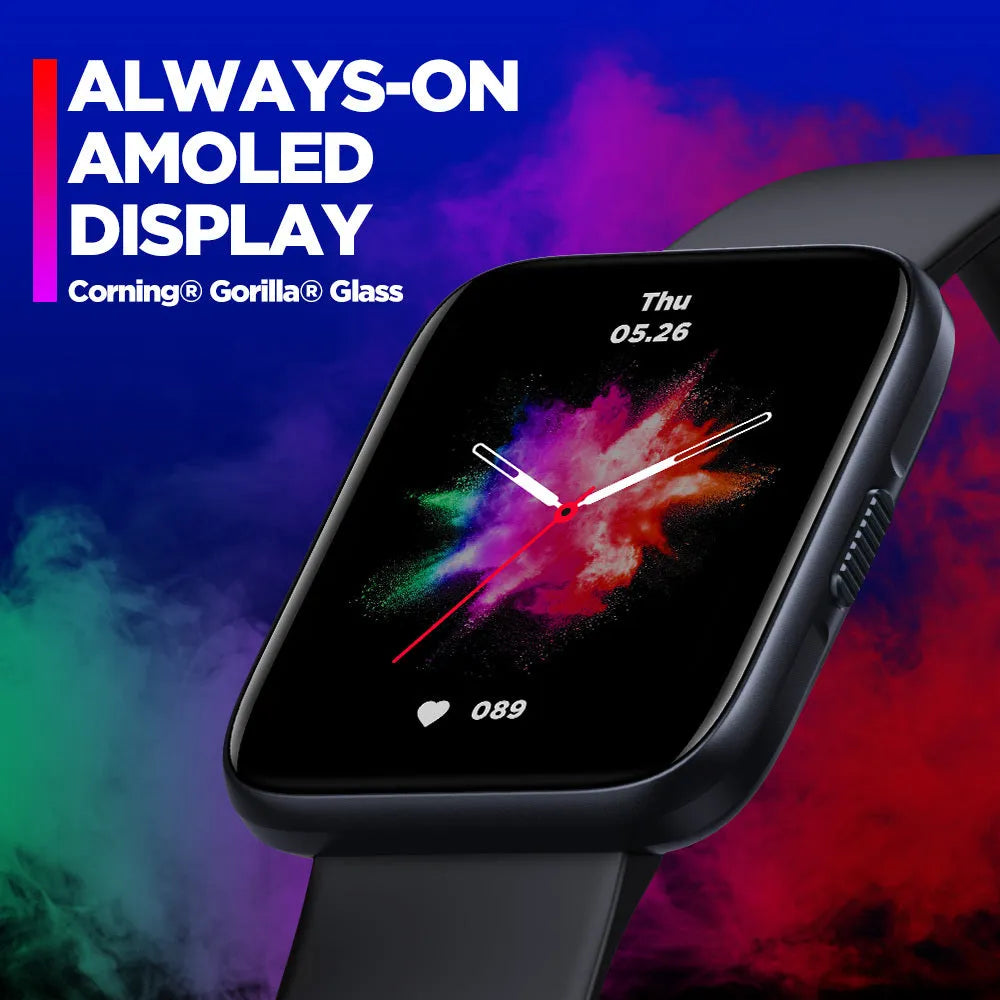 Black GPS sports smartwatch for Android with 1.78-inch screen and rubber strap