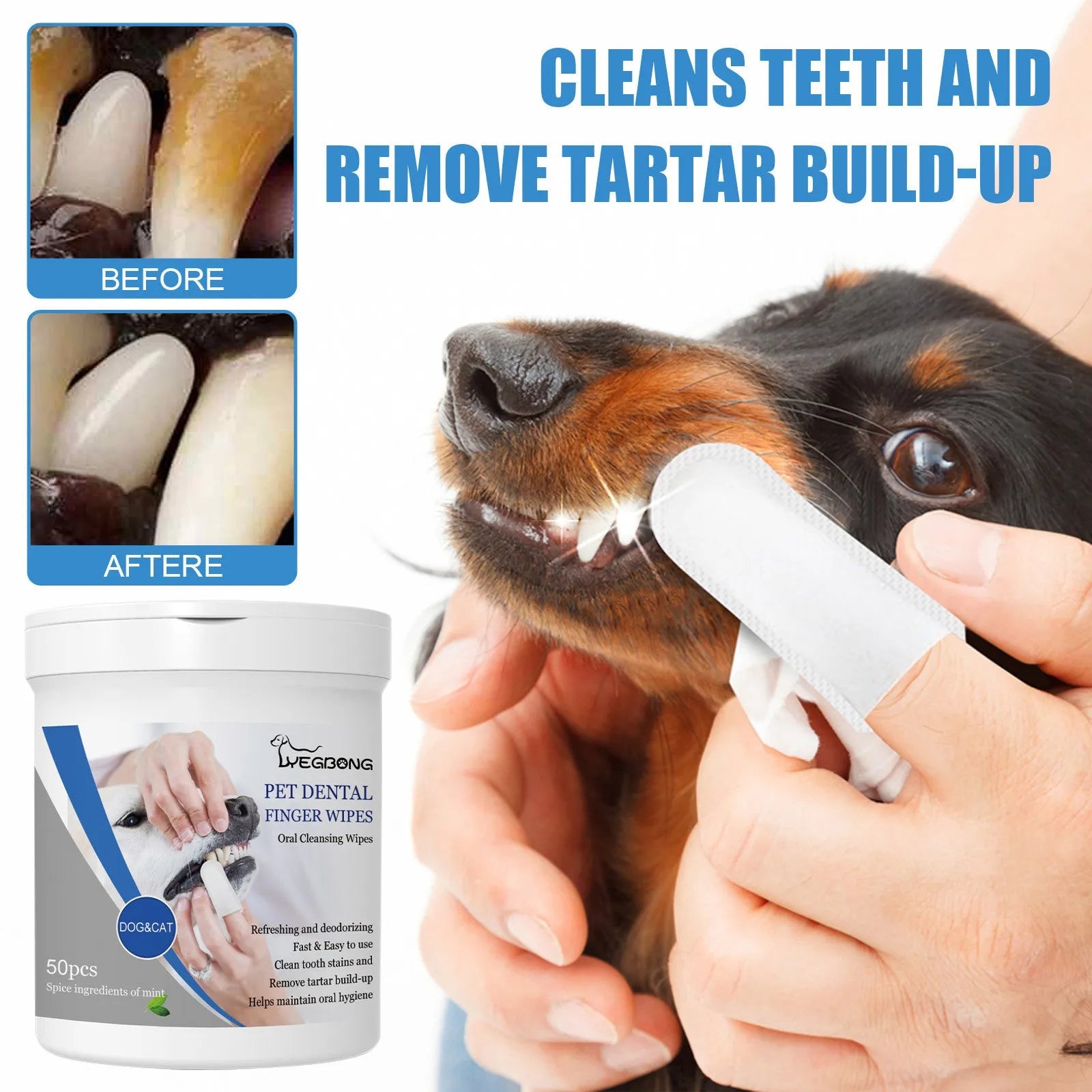 Canister of 50 dog teeth cleaning finger wipes with a reusable finger stall applicator for oral care.